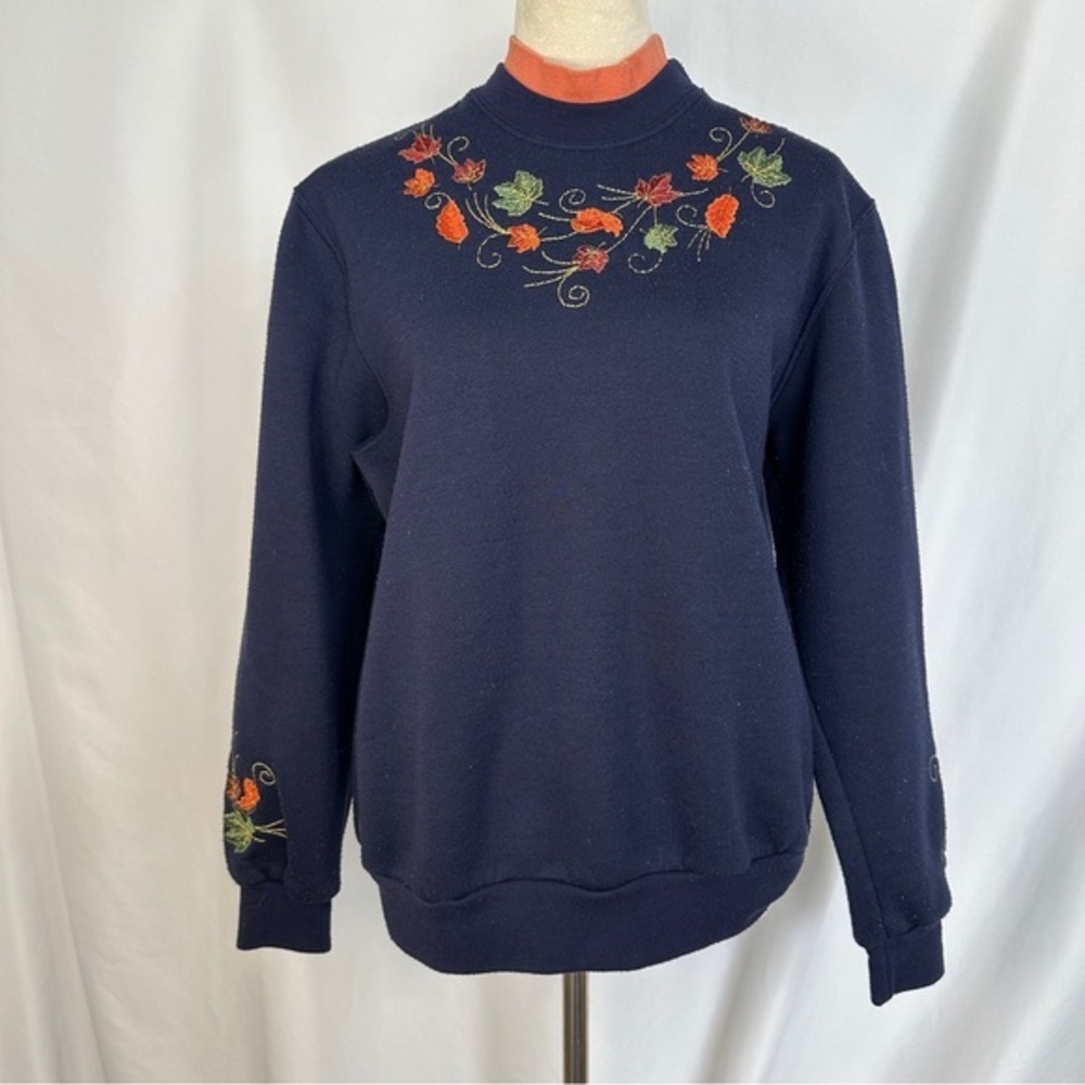 Vintage BonWorth Sweatshirt Womens Small Embroidered Fall Leaves Pullover Blue